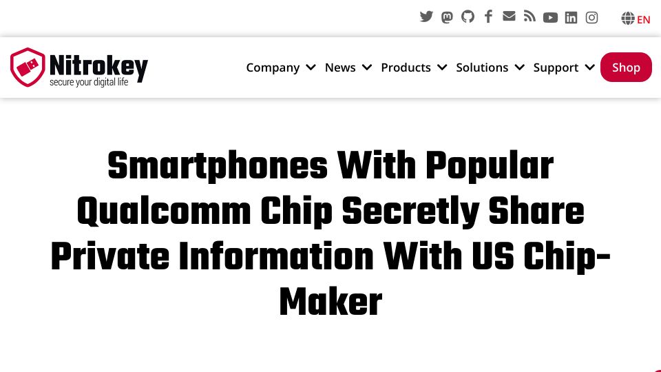 Screenshot of nitrokey.com: Smartphones with Qualcomm chip secretly send personal data to Qualcomm