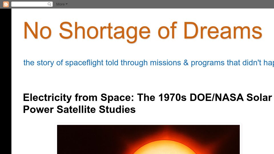 Screenshot of spaceflighthistory.blogspot.com: Electricity from Space: The 1970s DOE/NASA Solar Power Satellite Studies