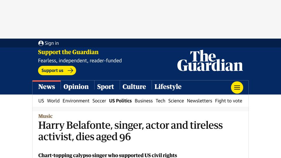 Screenshot of theguardian.com: Harry Belafonte has died