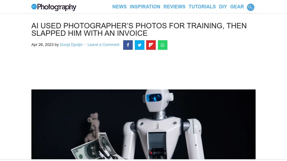 Screenshot of diyphotography.net: AI used photographer’s photos for training, then slapped him with an invoice