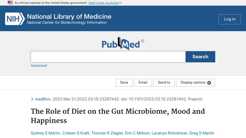 Screenshot of pubmed.ncbi.nlm.nih.gov: The Role of Diet on the Gut Microbiome, Mood and Happiness