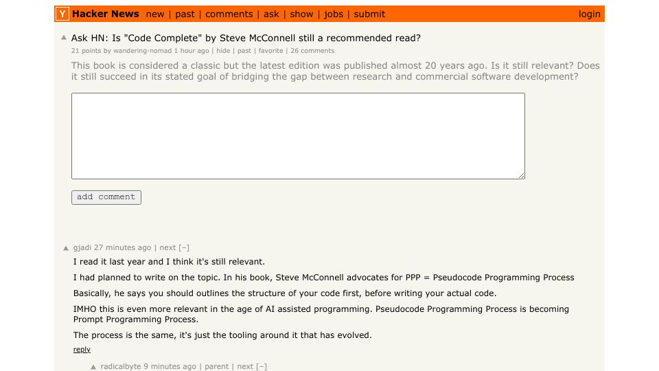 Screenshot of Hacker News post: Ask HN: Is "Code Complete" by Steve McConnell still a recommended read?