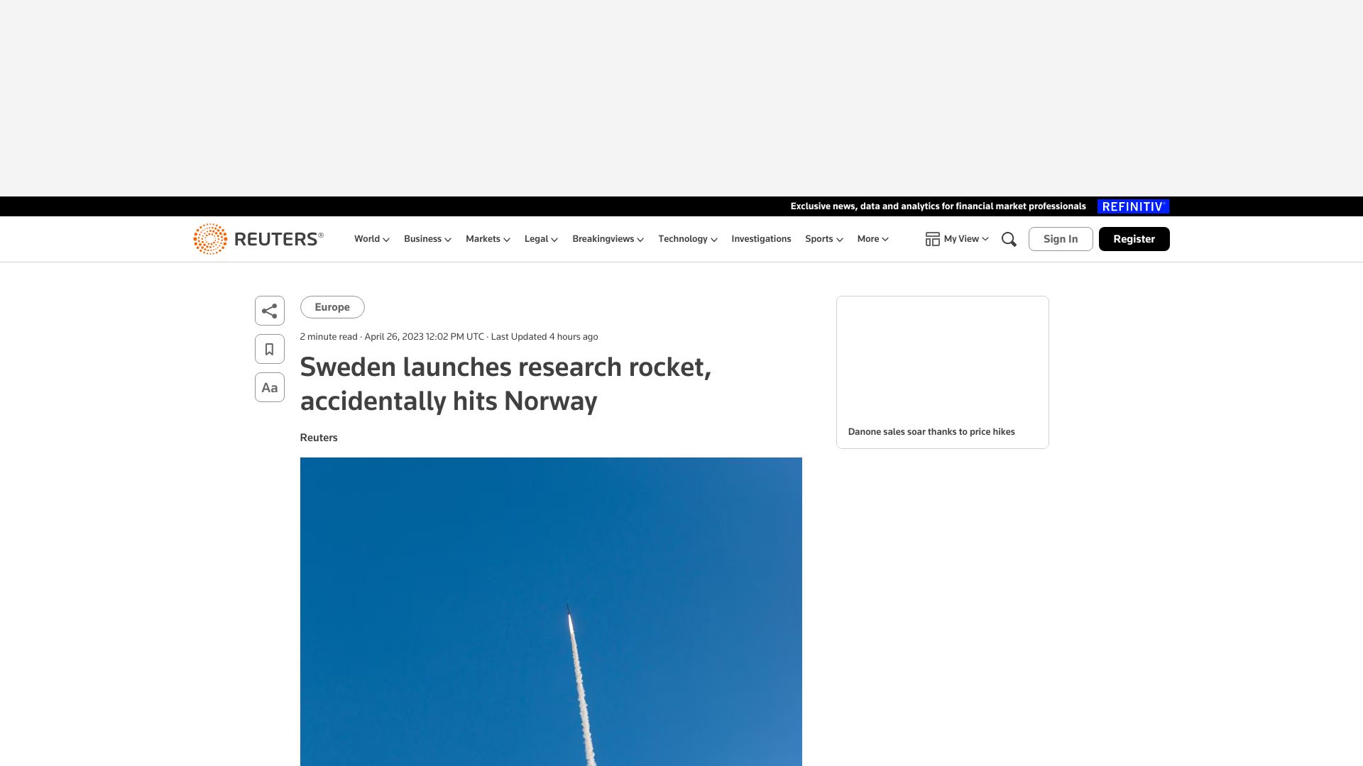 Screenshot of reuters.com: Sweden launches research rocket, accidentally hits Norway
