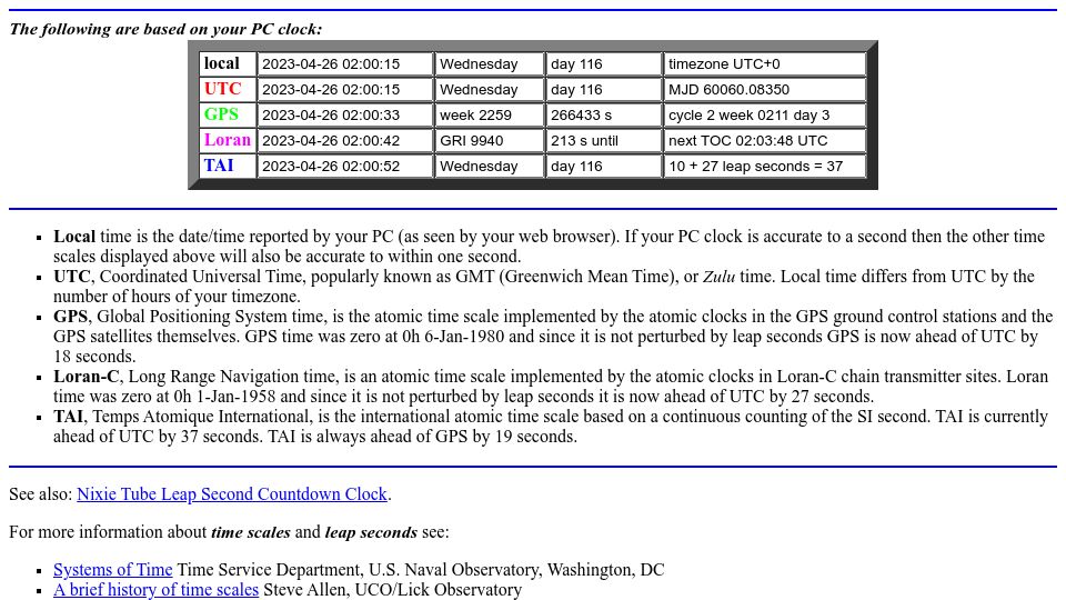 Screenshot of leapsecond.com: GPS, UTC and TAI Clocks (2001)