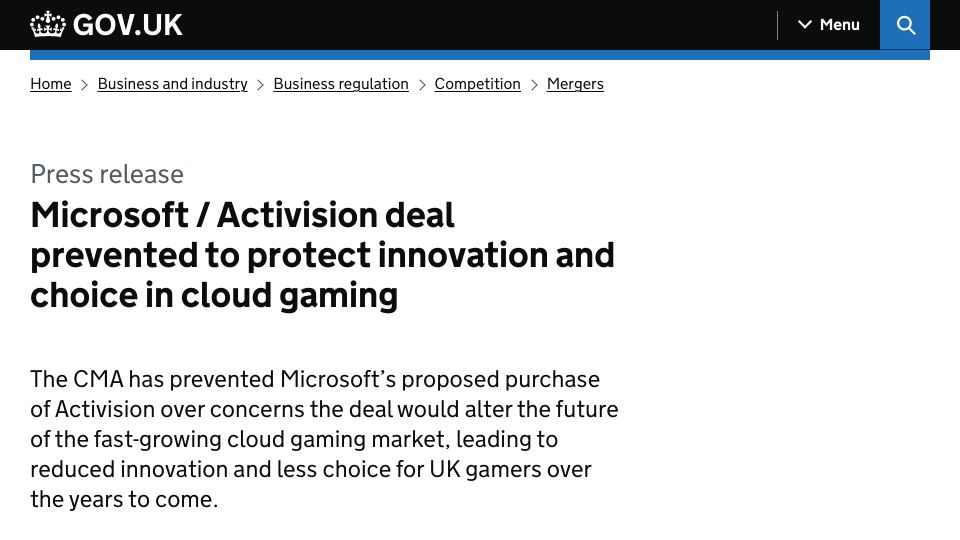 Screenshot of gov.uk: Microsoft / Activision deal prevented to protect innovation and choice in gaming