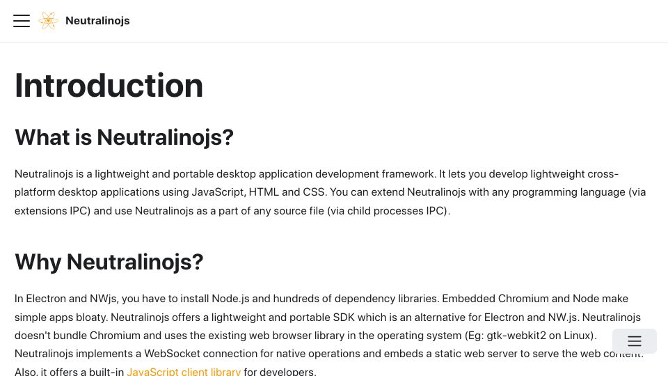 Screenshot of neutralino.js.org: Neutralinojs – Build lightweight cross-platform desktop apps with JavaScript
