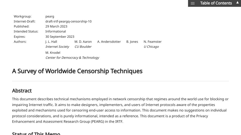 Screenshot of ietf.org: A Survey of Worldwide Censorship Techniques