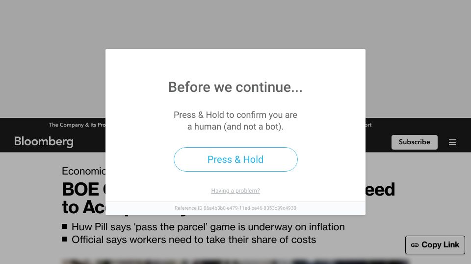 Screenshot of bloomberg.com: BOE Chief Economist Says Britons ‘Need to Accept’ They’re Worse Off