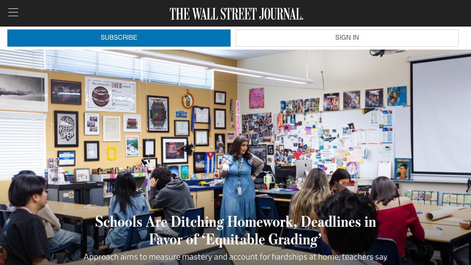 Screenshot of wsj.com: Schools are ditching homework, deadlines in favor of ‘equitable grading’