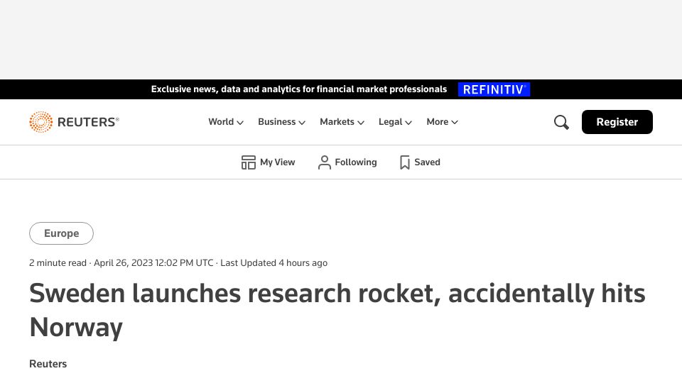 Screenshot of reuters.com: Sweden launches research rocket, accidentally hits Norway