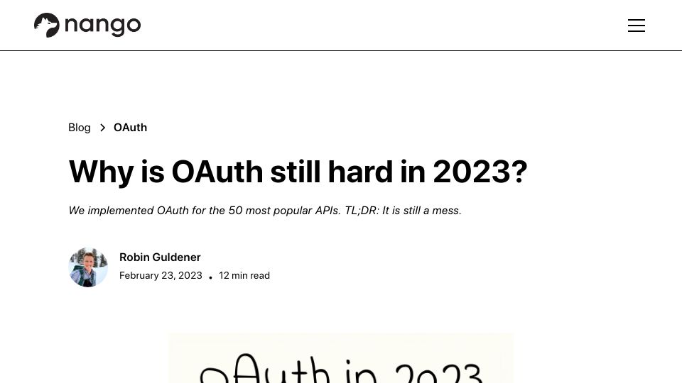 Screenshot of nango.dev: Why is OAuth still hard in 2023?