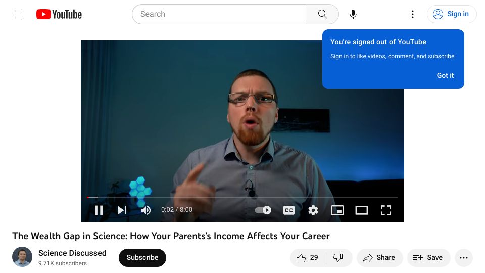 Screenshot of youtube.com: The Wealth Gap in Science: How Your Parents's Income Affects Your Career