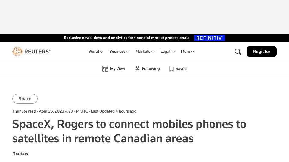 Screenshot of reuters.com: SpaceX, Rogers to connect mobiles phones to satellites in remote Canadian areas