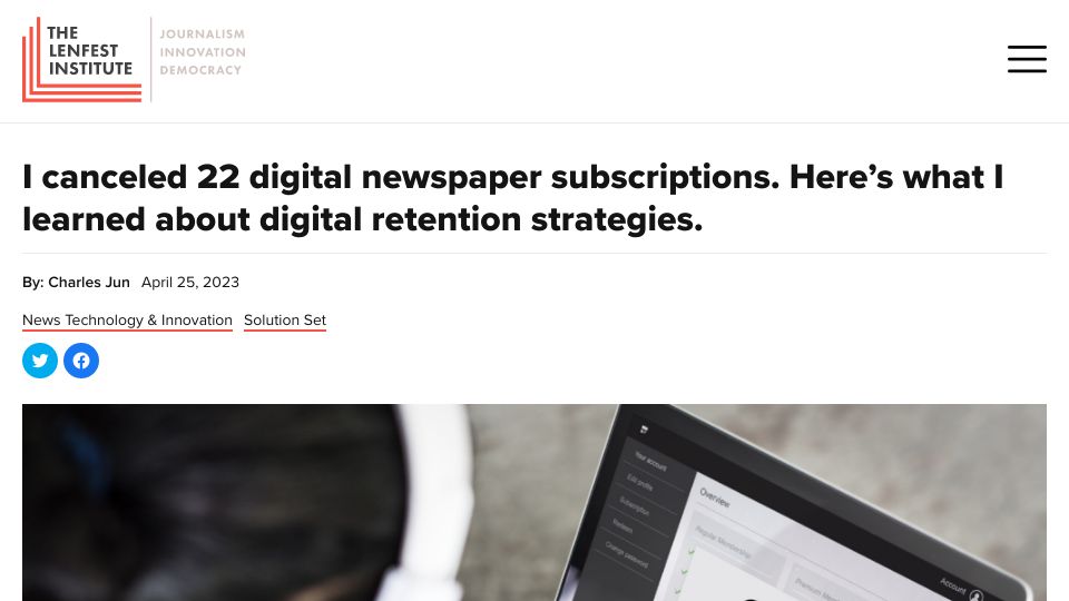 Screenshot of lenfestinstitute.org: What I learned unsubscribing from 22 newspapers