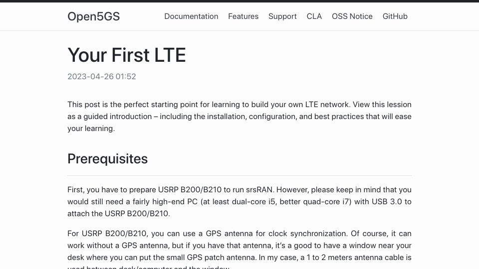 Screenshot of open5gs.org: Your First LTE