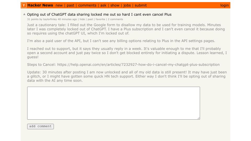 Screenshot of Hacker News post: Opting out of ChatGPT data sharing locked me out so hard I cant even cancel Plus