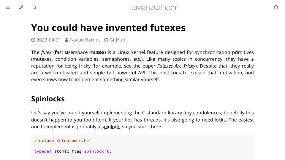 Screenshot of tavianator.com: You could have invented futexes