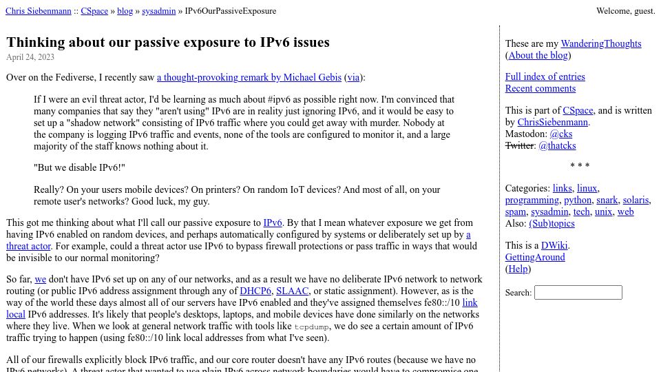 Screenshot of utcc.utoronto.ca: Thinking about our passive exposure to IPv6 issues
