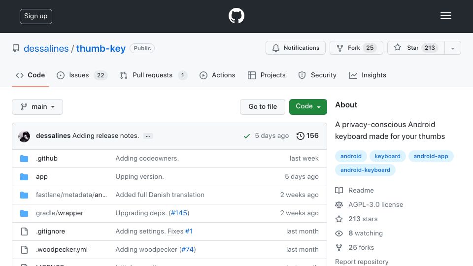 Screenshot of github.com: Thumb-Key: A privacy-conscious Android keyboard, made for your thumbs