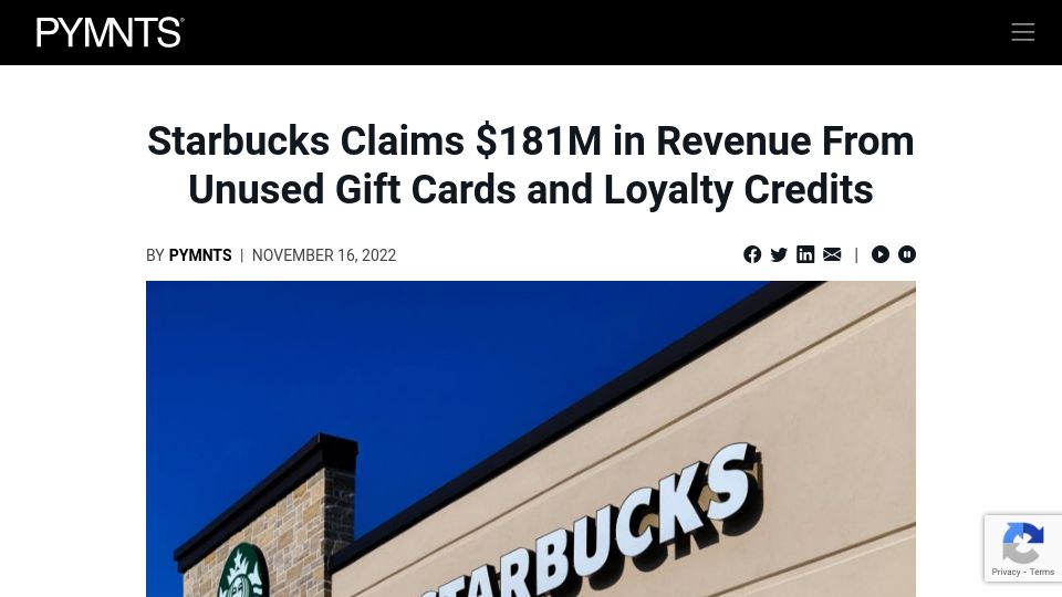 Screenshot of pymnts.com: Starbucks Claims $181M in Revenue from Unused Gift Cards (2022)