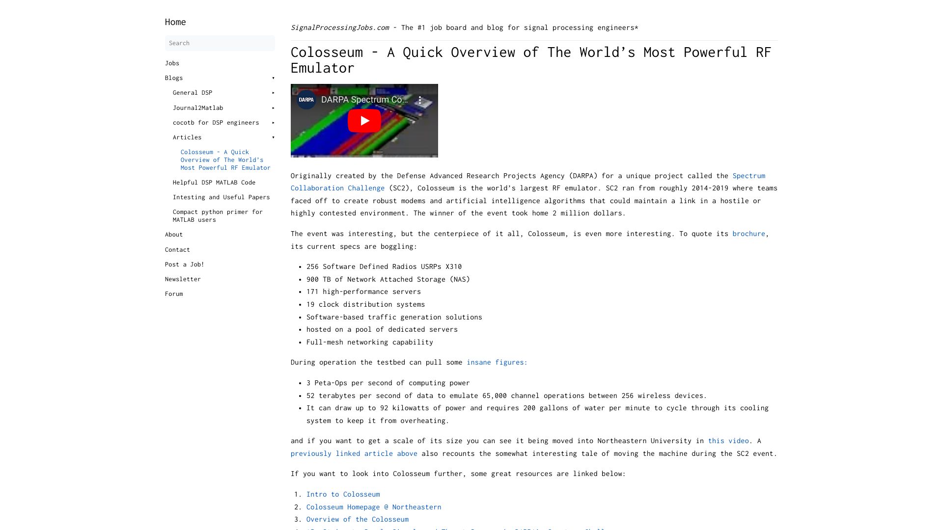 Screenshot of signalprocessingjobs.com: Colosseum – A quick overview of the most powerful RF emulator