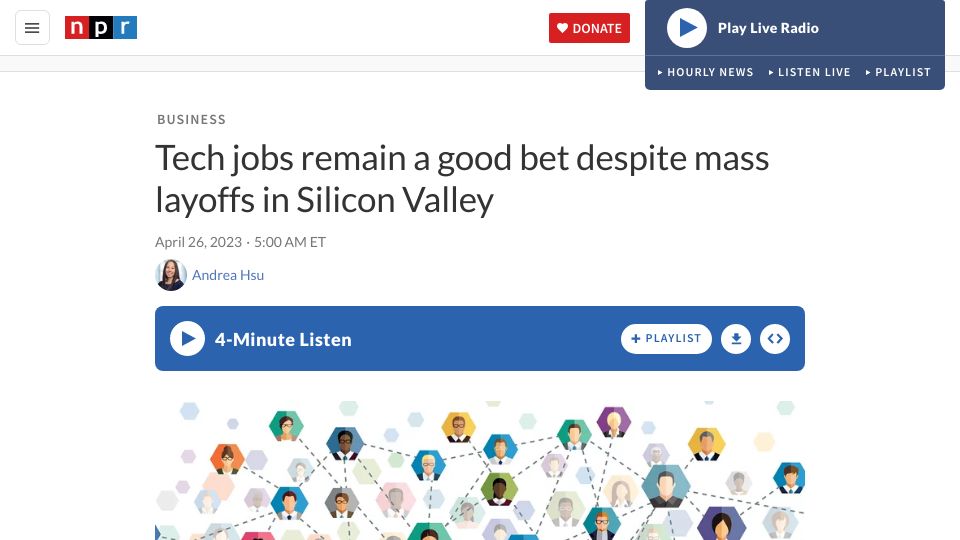 Screenshot of npr.org: Tech jobs remain a good bet despite mass layoffs in Silicon Valley