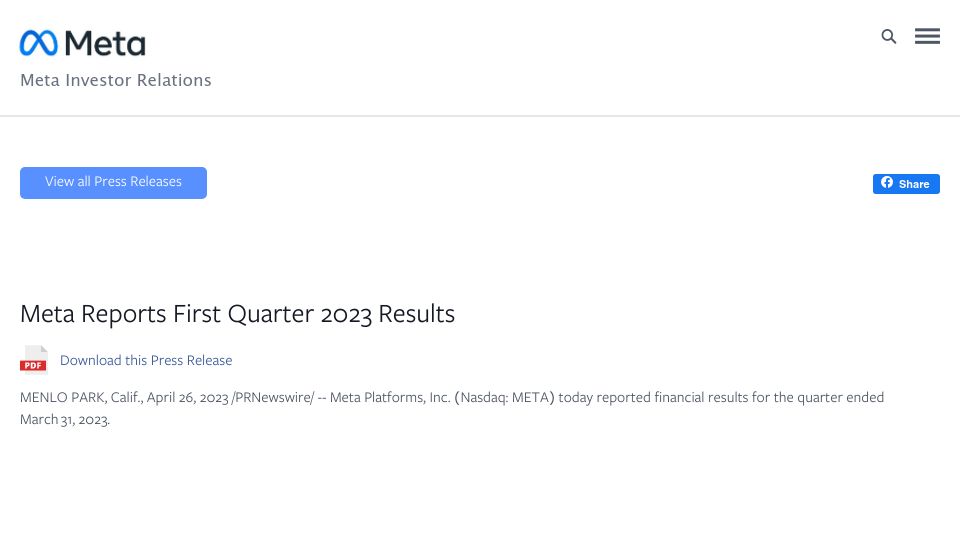 Screenshot of investor.fb.com: Meta Q1 2023 Earning Results
