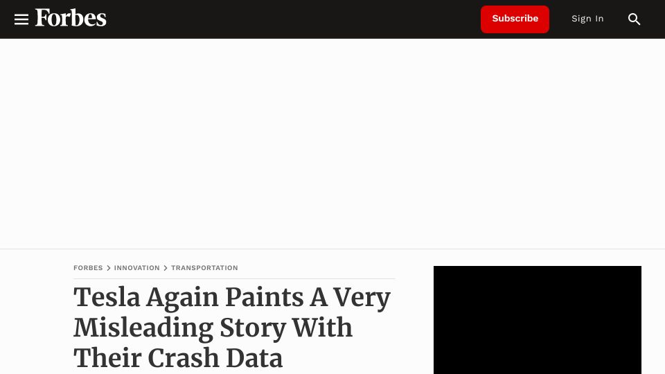 Screenshot of forbes.com: Tesla Again Paints a Misleading Story with Their Crash Data