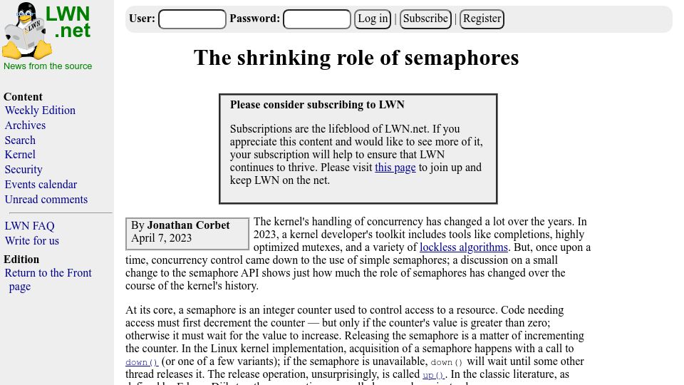 Screenshot of lwn.net: The shrinking role of semaphores