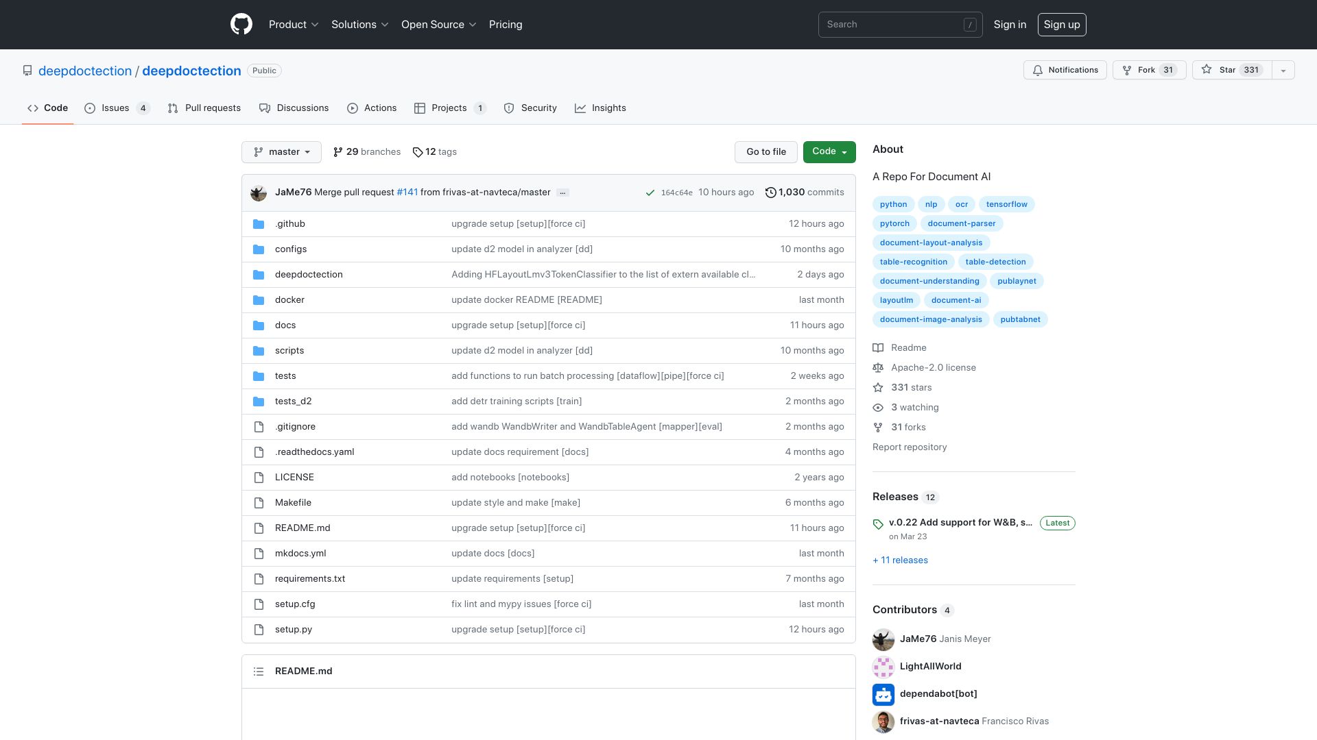Screenshot of github.com: DeepDoctection: Document extraction and analysis using deep learning models