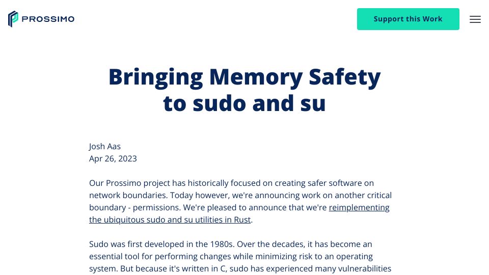 Screenshot of memorysafety.org: Bringing Memory Safety to sudo and su