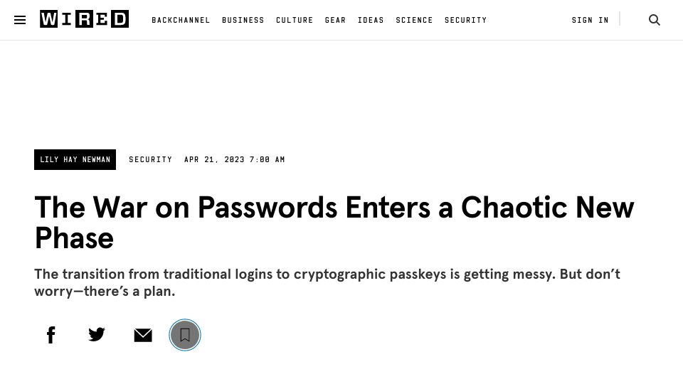 Screenshot of wired.com: The transition from logins to cryptographic passkeys is getting messy