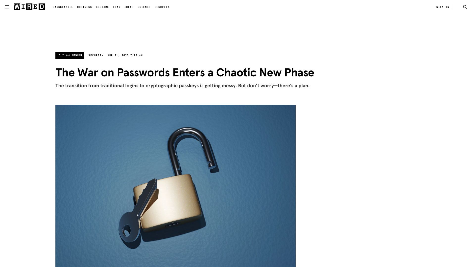 Screenshot of wired.com: The transition from logins to cryptographic passkeys is getting messy