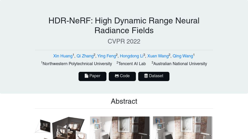 Screenshot of xhuangcv.github.io: HDR-NeRF: High Dynamic Range Neural Radiance Fields