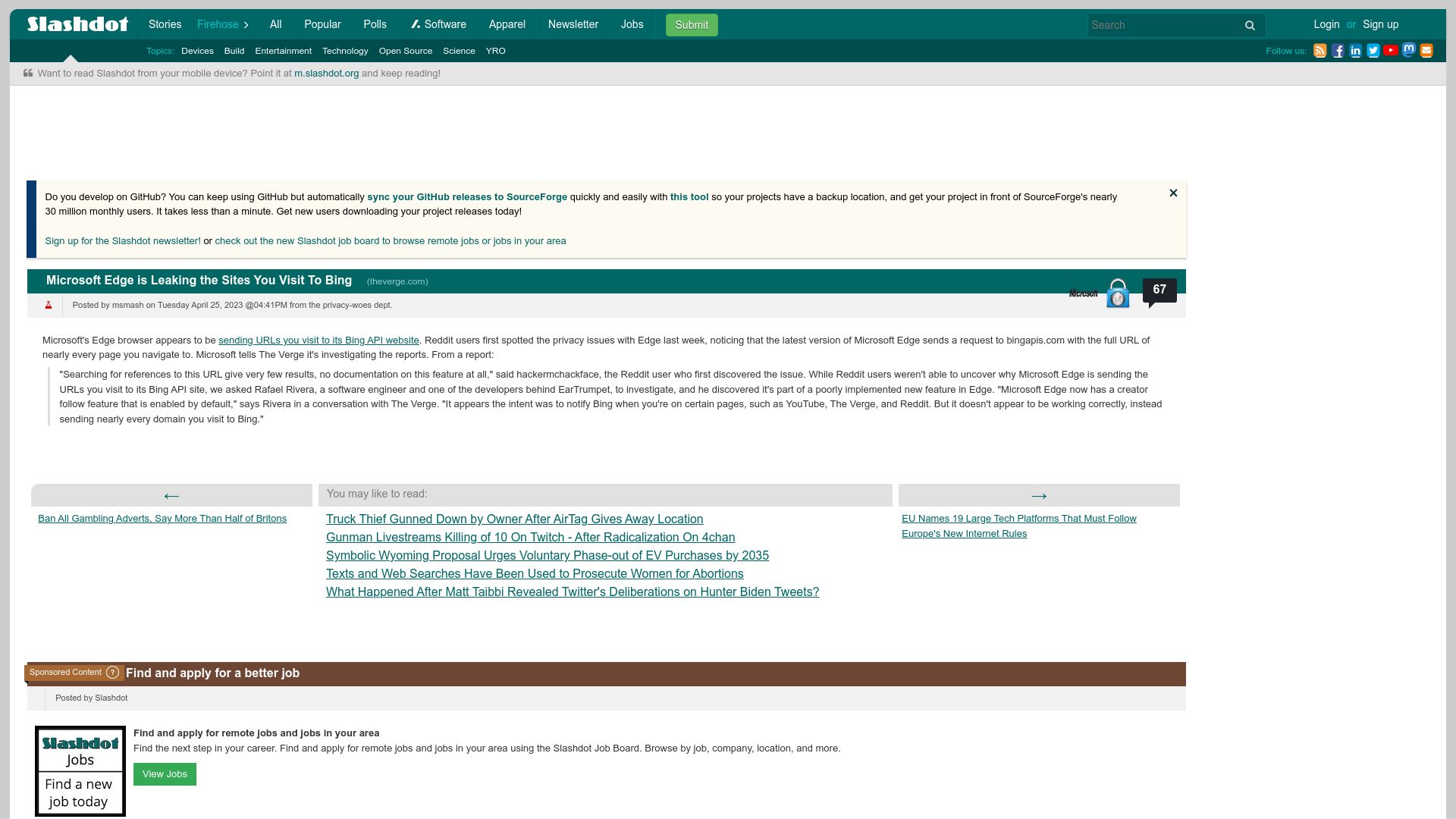 Screenshot of yro.slashdot.org: Microsoft Edge Is Leaking the Sites You Visit to Bing