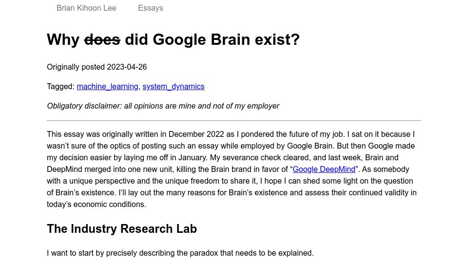 Screenshot of moderndescartes.com: Why did Google Brain exist?