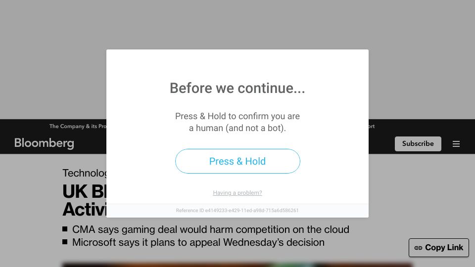 Screenshot of bloomberg.com: UK Blocks Microsoft’s $69B Activision Deal