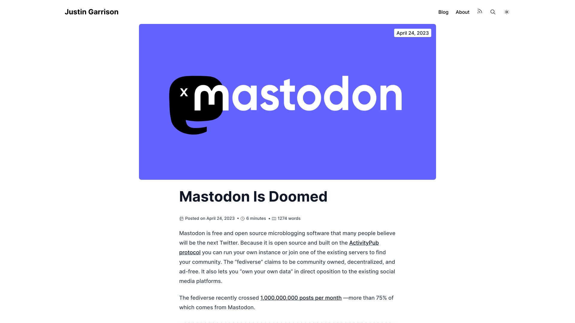 Screenshot of justingarrison.com: Mastodon is doomed?
