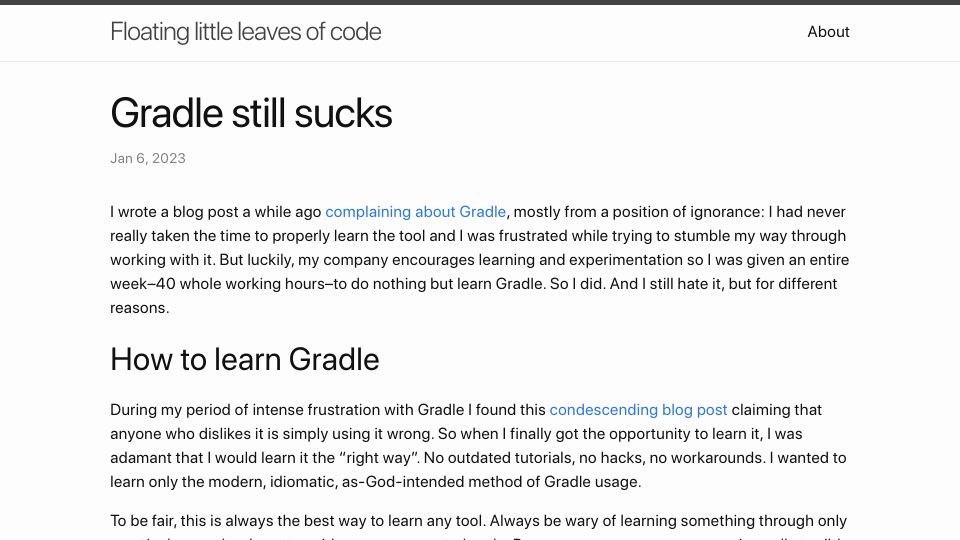 Screenshot of silverhammermba.github.io: Gradle still sucks