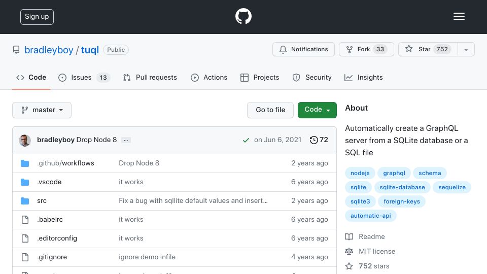 Screenshot of github.com: Tuql: Automatically create a GraphQL server from a SQLite database
