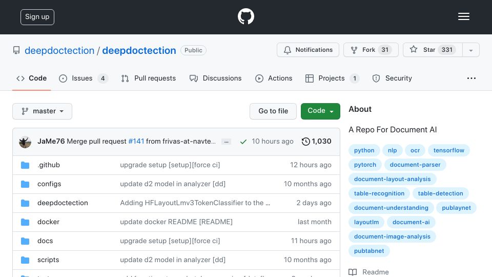 Screenshot of github.com: DeepDoctection: Document extraction and analysis using deep learning models