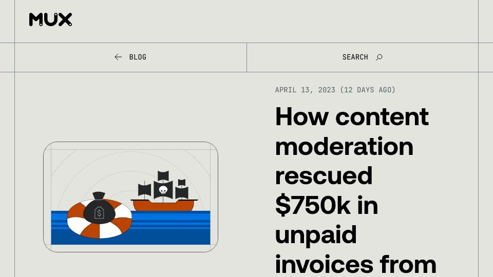 Screenshot of mux.com: We glued together content moderation to stop soccer pirates