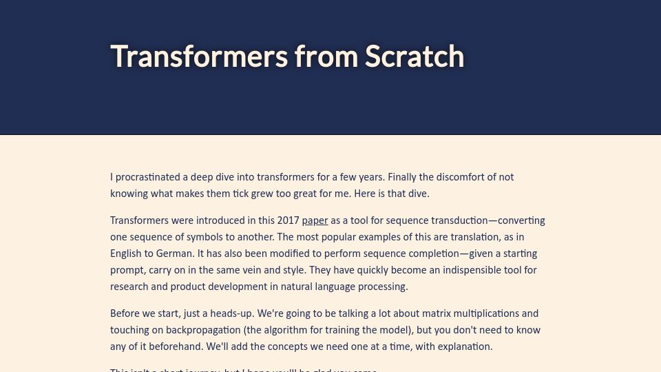 Screenshot of e2eml.school: Transformers from Scratch (2021)