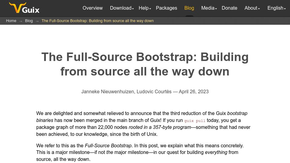 Screenshot of guix.gnu.org: The Full-Source Bootstrap: Building from source all the way down