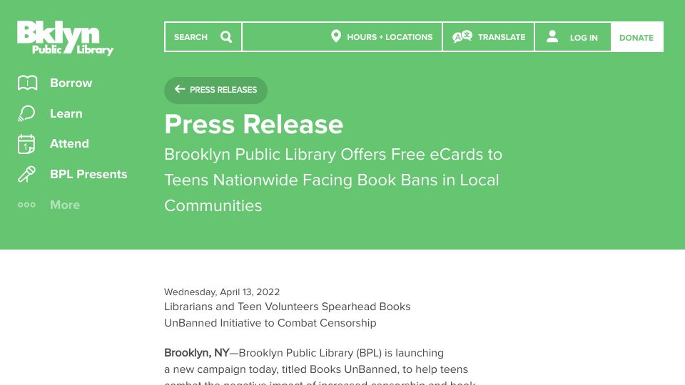 Screenshot of bklynlibrary.org: Brooklyn Public Library Offers Free ECards to Teens Nationwide Facing Book Bans