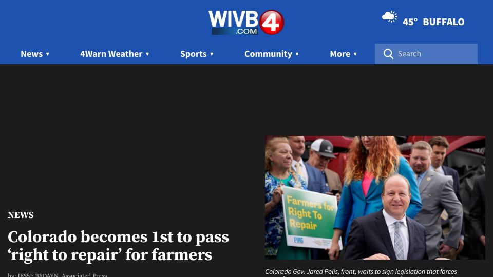 Screenshot of wivb.com: Colorado becomes first to pass ‘right to repair’ for farmers