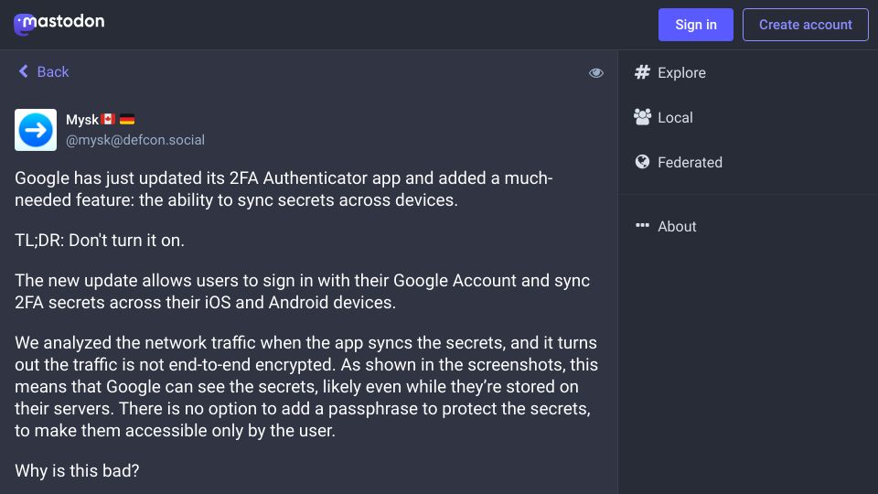 Screenshot of defcon.social: Google Authenticator cloud sync: Google can see the secrets, even while stored