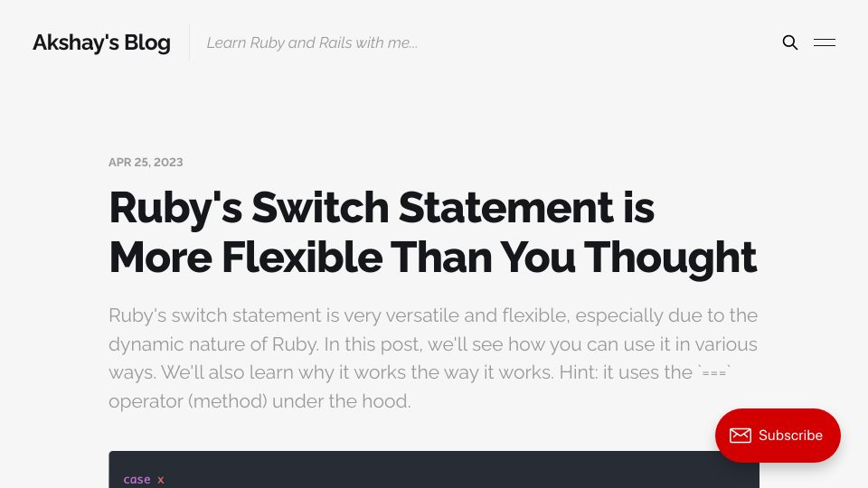 Screenshot of akshaykhot.com: Ruby's Switch Statement Is More Flexible Than You Thought