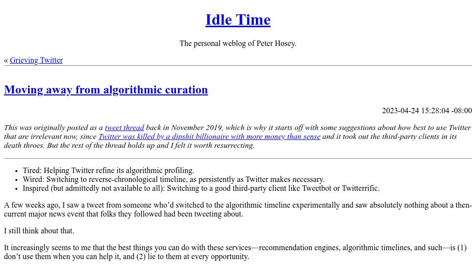 Screenshot of boredzo.org: Moving away from algorithmic curation