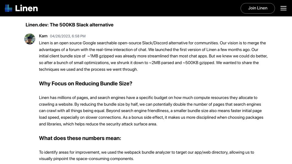 Screenshot of linen.dev: Linen.dev: A 500 kb Slack alternative
